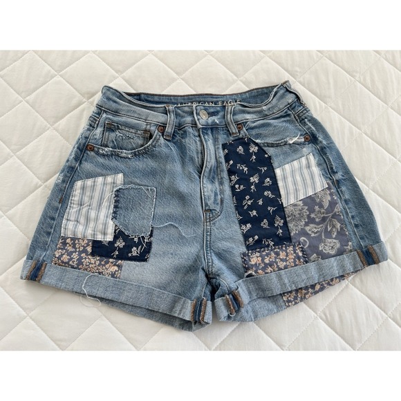 American Eagle Patchwork Denim Shorts US 2 Womens High Rise Cuffed Boho Festival - Picture 2 of 7
